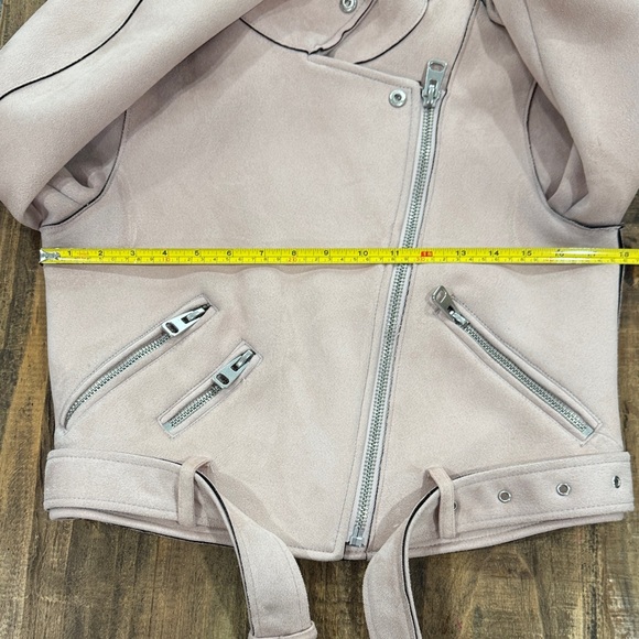 Womenβs Zara Basic Light Pink Faux Blush Faux Suede Zip Up Moto Jacked Size M - Picture 15 of 16